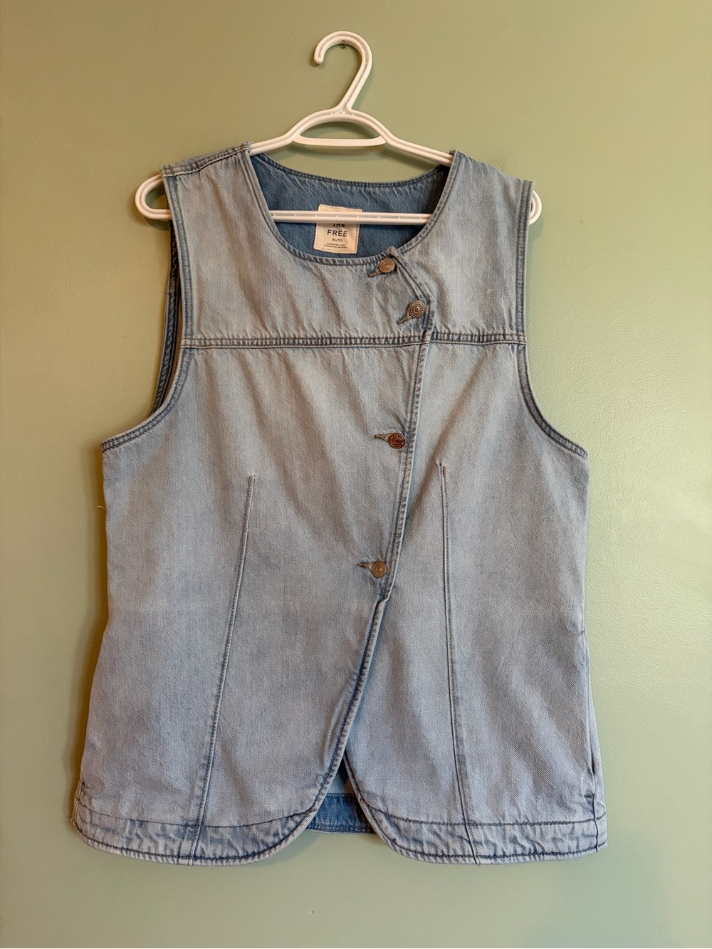 Free People We The Free Denim Vest XL Asymmetric Boho Coastal Cowgirl Grunge Top